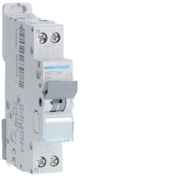 Disjoncteur 4A 1P+N 6-10kA Courbe D 1module NGT704