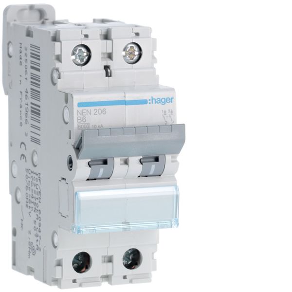 Disjoncteur 6A 2P 6-10kA Courbe B 2modules NEN206