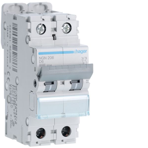 Disjoncteur 6A 2P 6-10kA Courbe D 2modules NGN206