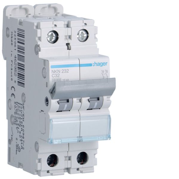 Disjoncteur 32A 2P 10-15kA Courbe C 2modules NKN232