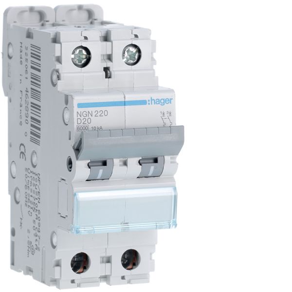 Disjoncteur 20A 2P 6-10kA Courbe D 2modules NGN220
