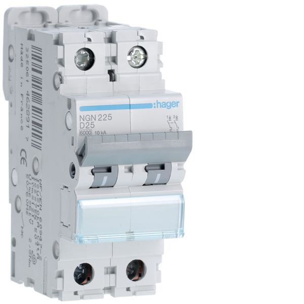Disjoncteur 25A 2P 6-10kA Courbe D 2modules NGN225