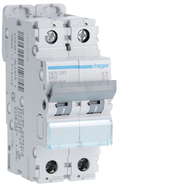 Disjoncteur 63A 2P 6-10kA Courbe B 3modules NEN263