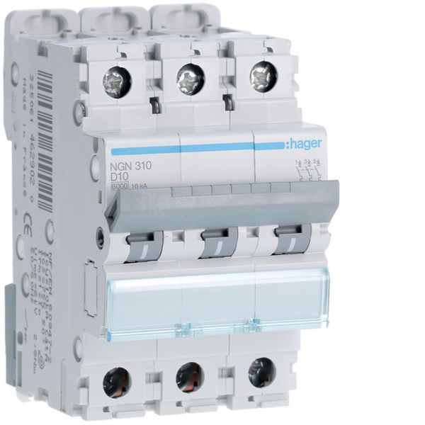 Disjoncteur 10A 3P 6-10kA Courbe D 3modules NGN310