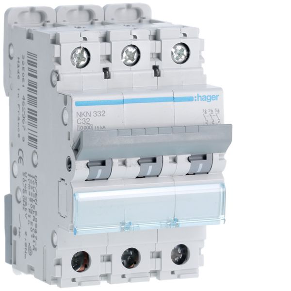 Disjoncteur 32A 3P 10-15kA Courbe C 3modules NKN332