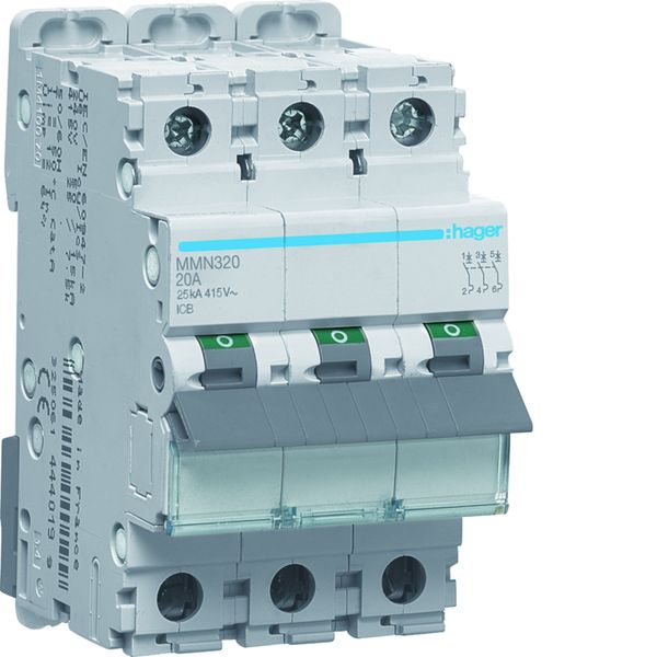 Disjoncteur magnétique 3P 20kA 20A 3 modules MMN320