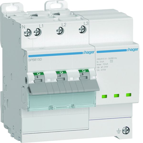 Parafoudre de type 2 avec disjoncteur associé Imax 15kA 3P+N 5modules SPB815D