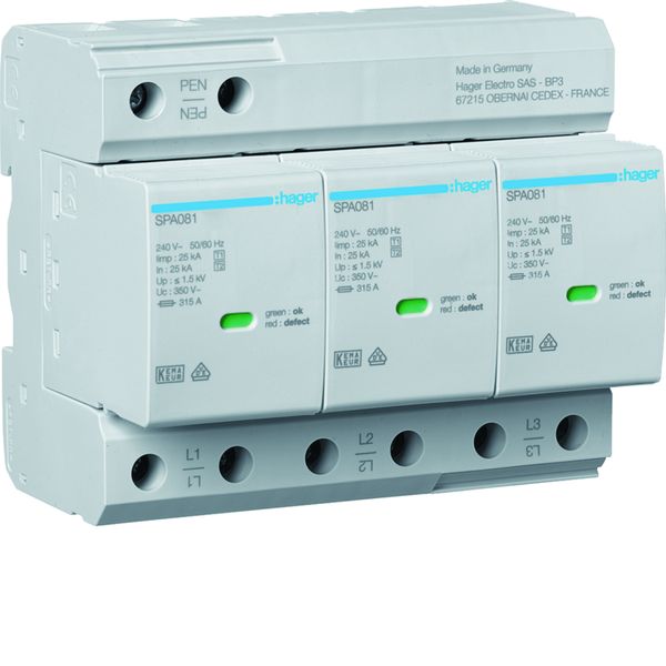 Parafoudre de type 1+2 Iimp 12,5kA 3P 6modules avec auxiliaire de contact SPA800