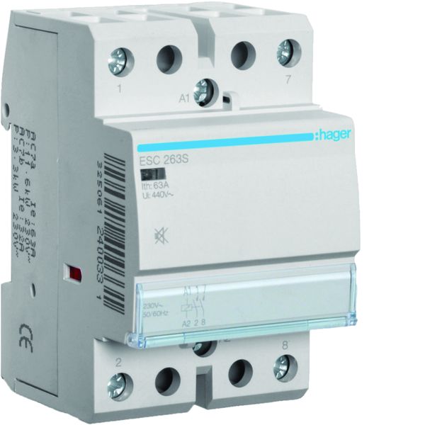 Contacteur silencieux sans commande manuelle 63A, 2F, 230V ESC263S