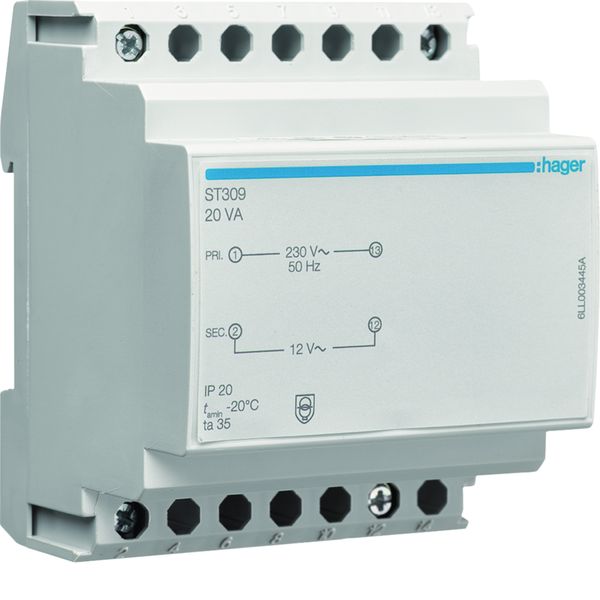 Transformateur de sécurité 20VA 230VAC - 12 - 12VAC 4 modules ST309