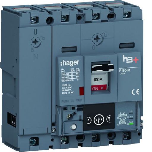 [HAG-HMS101NC] Disjoncteur Boitier Moulé h3+ P160 ENERGY 4P4D In100A Icu50kA à cage HMS101NC