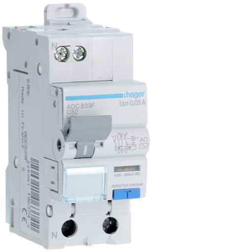[HAG-ADC839F] Disjoncteur différentiel 32A 1P+N 4,5kA Courbe C 30mA type AC 60Hz 2 modules ADC839F